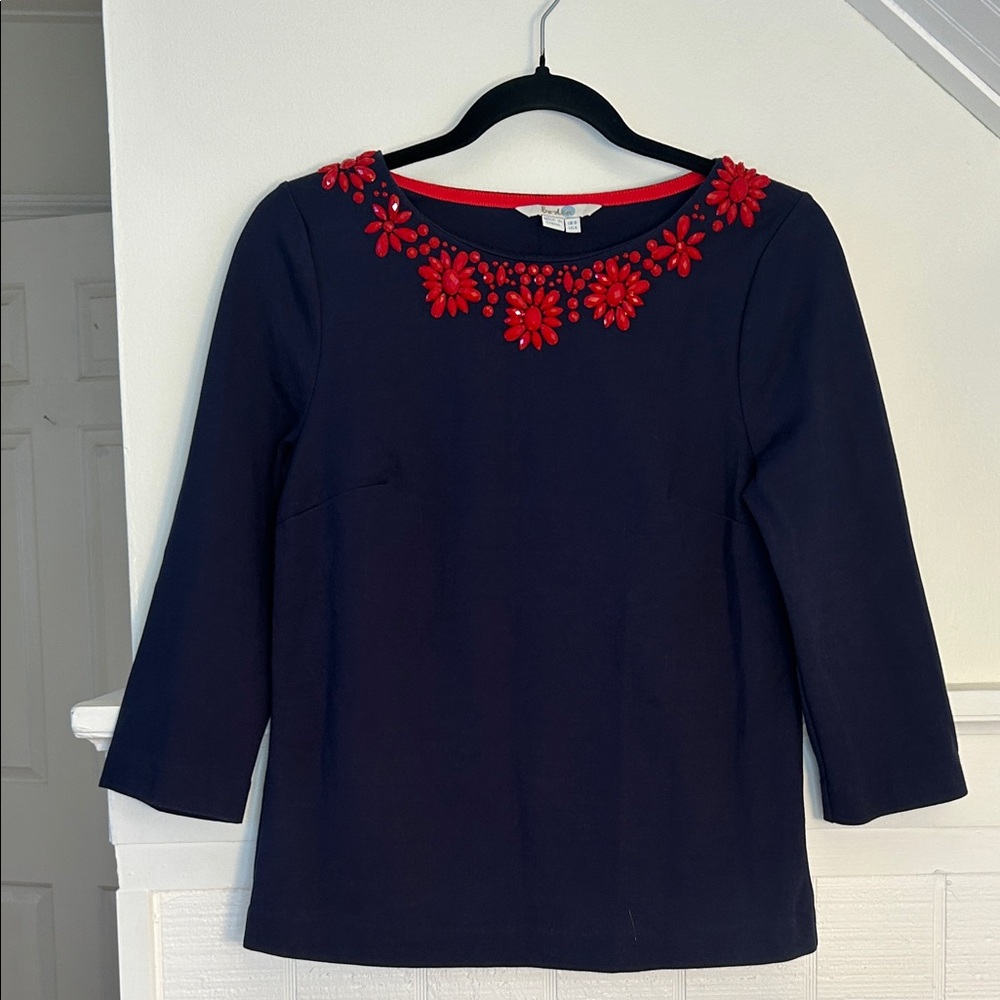 Boden Navy Ponte Top with Red Beaded Embellishments size Women’s 4